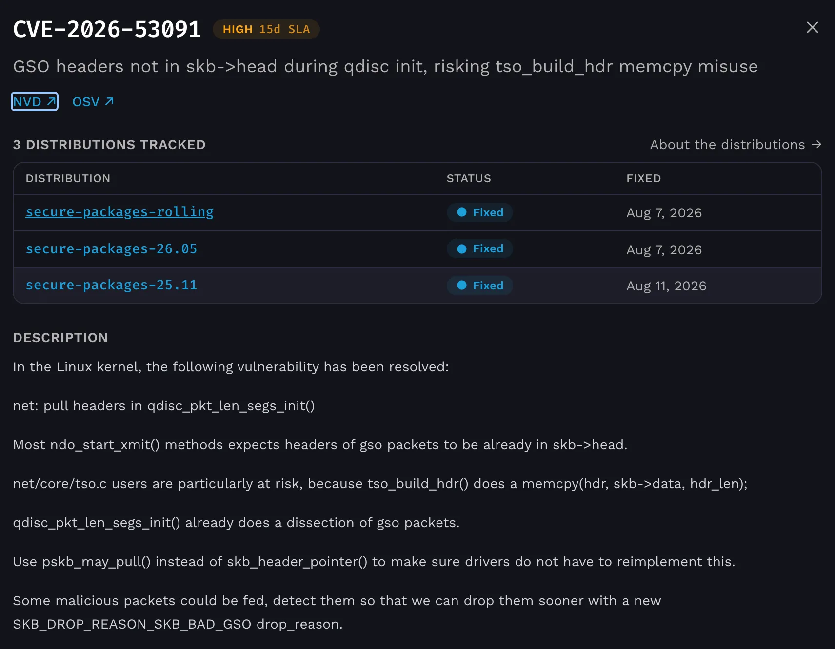 A detail dialog for one CVE showing a high severity badge with a 15-day SLA, links to NVD and OSV, a table of three distributions (rolling, 26.05, and 25.11) with the status and fix date for each, and the CVE description