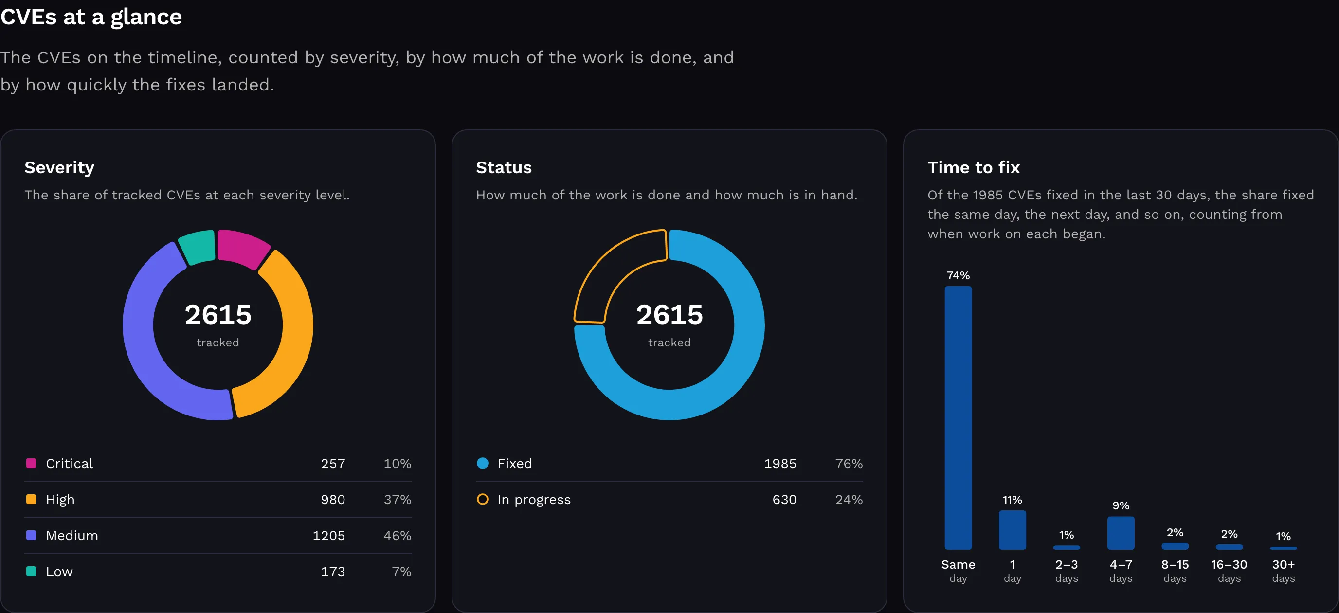Three cards under the heading 'CVEs at a glance': a donut chart of tracked CVEs by severity, a donut chart of fixed versus in-progress CVEs, and a bar chart of time to fix with the tallest bar, 74%, for fixes shipped the same day