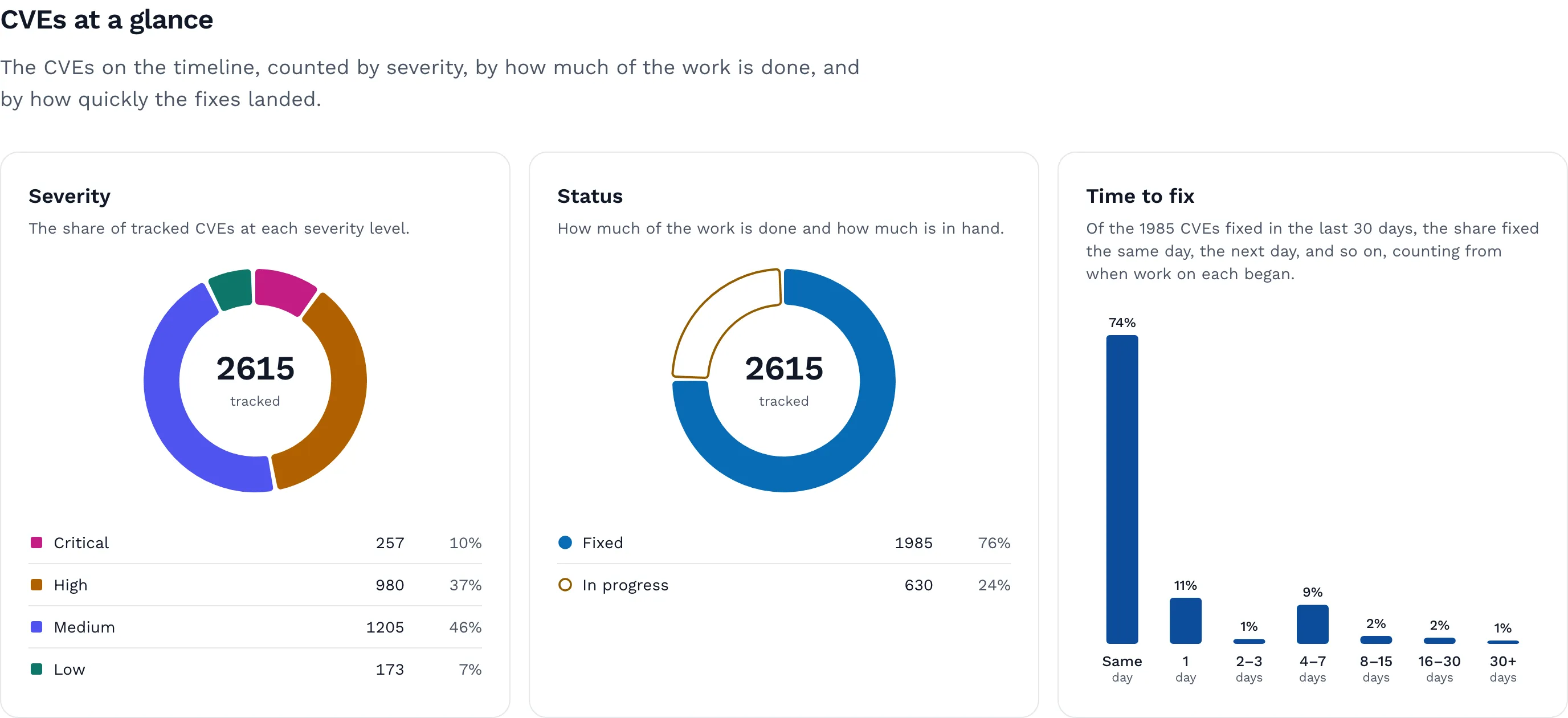 Three cards under the heading 'CVEs at a glance': a donut chart of tracked CVEs by severity, a donut chart of fixed versus in-progress CVEs, and a bar chart of time to fix with the tallest bar, 74%, for fixes shipped the same day