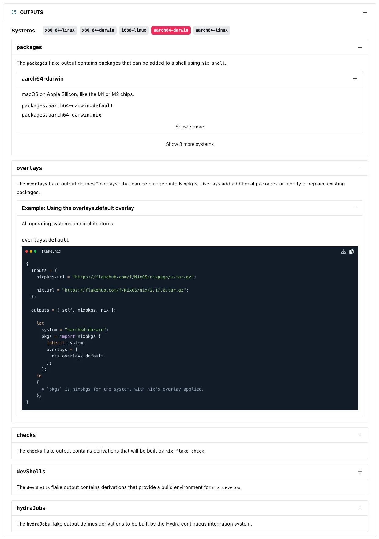FlakeHub showing flake outputs extracted via flake schemas