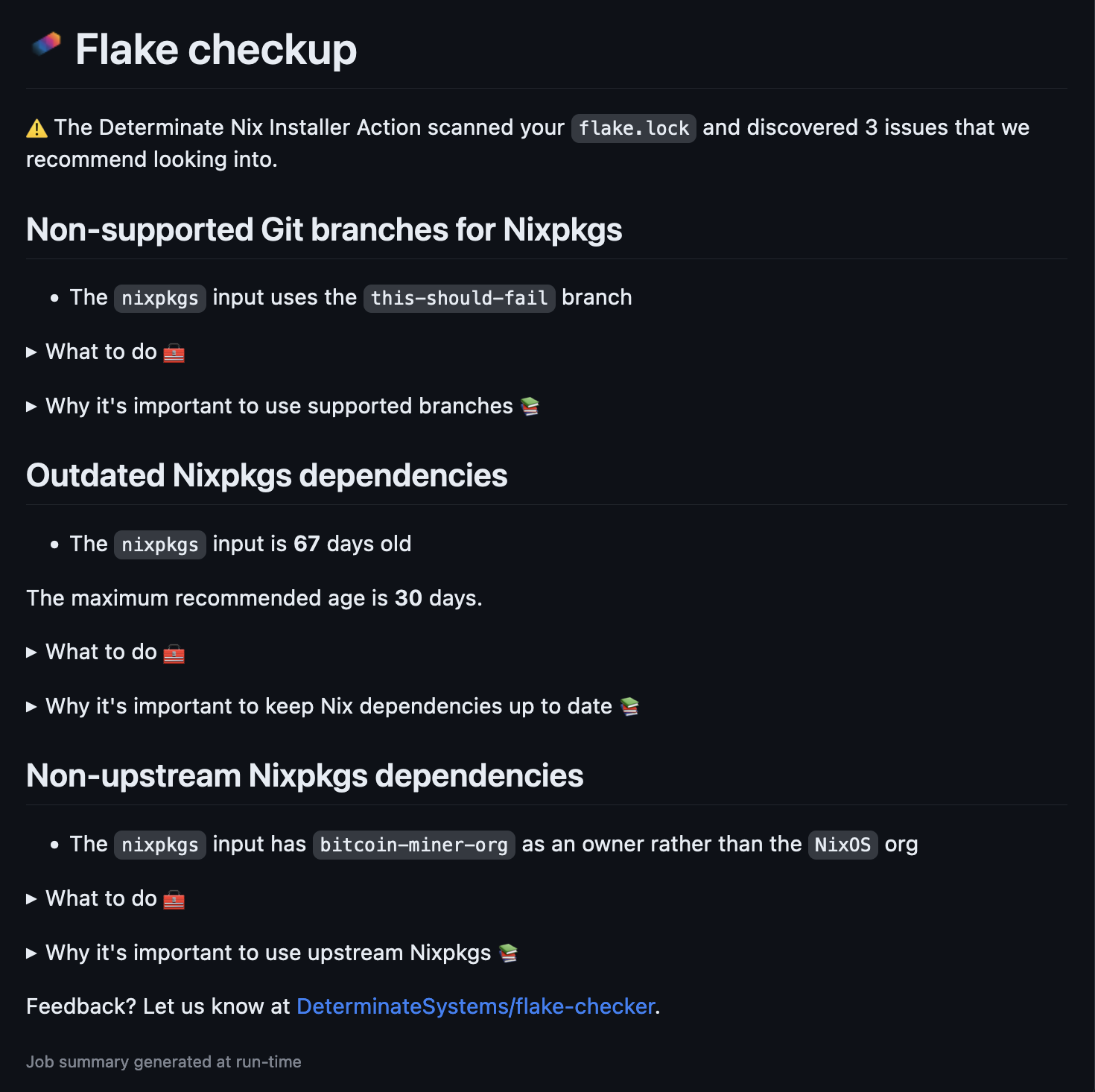 Nix Flake Checker summary with a not-so-squeaky-clean bill of health